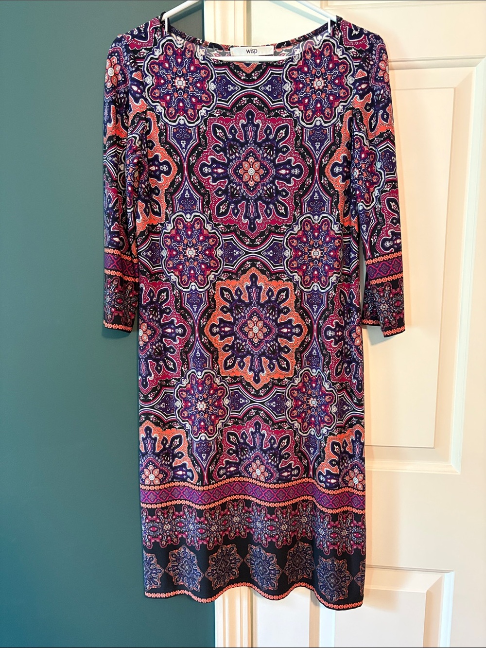 Wisp Purple & Coral Patterned Long-Sleeve Midi Dress